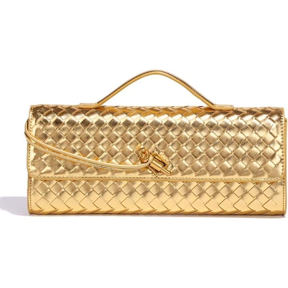 Metallic Gold Woven Top-Handle Clutch with Detachable Strap
